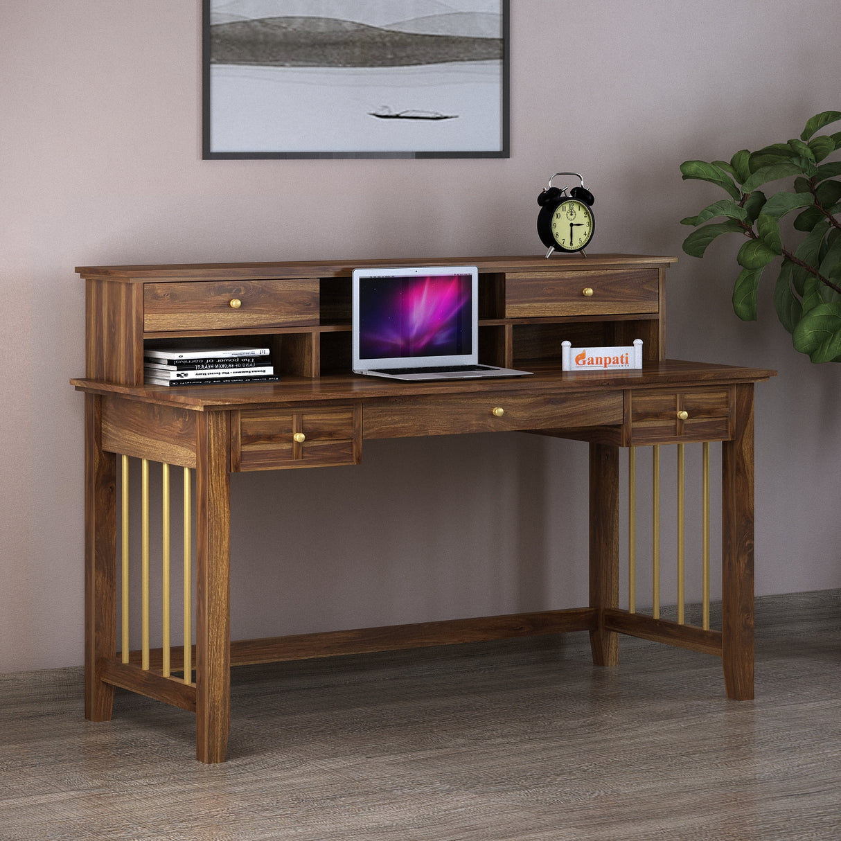 Edin Solid Sheesham Wood Study Table With Storage and Brass Detailing - 3 Years Warranty