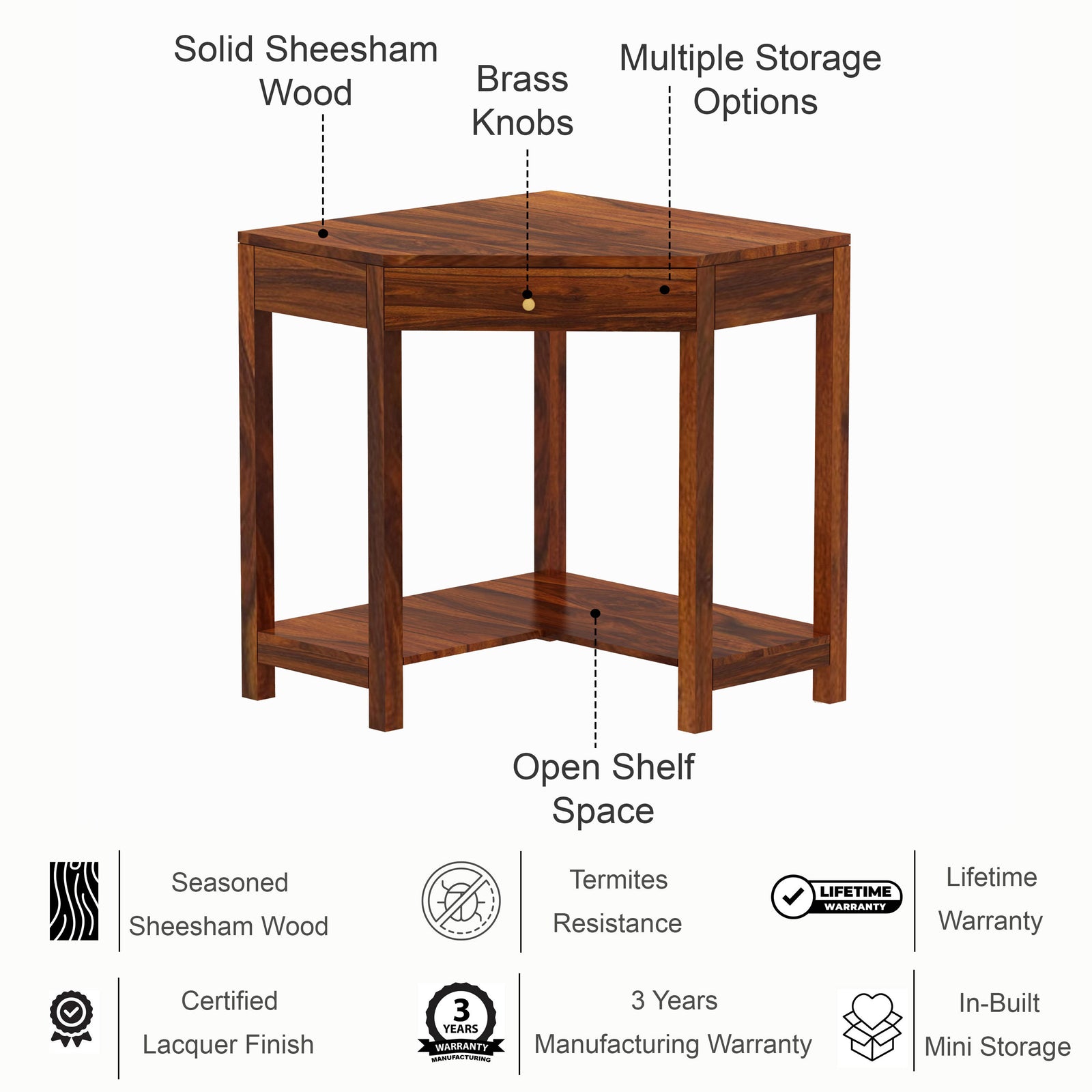 Swiss Solid Sheesham Wood Study Table With Storage - 3 Years Warranty features