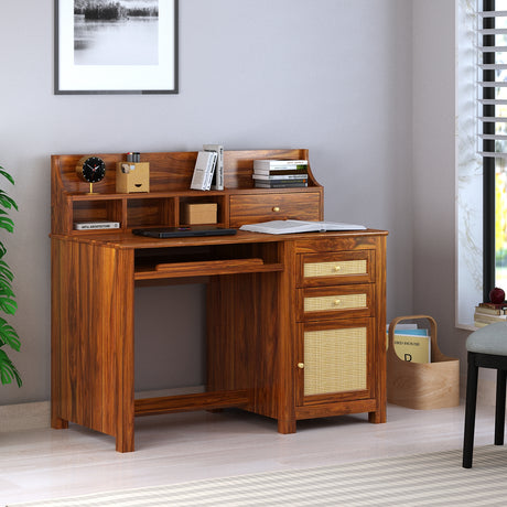 Maharaja Solid Sheesham Wood Study Table With Storage and Rattan Detailing - 3 Years Warranty