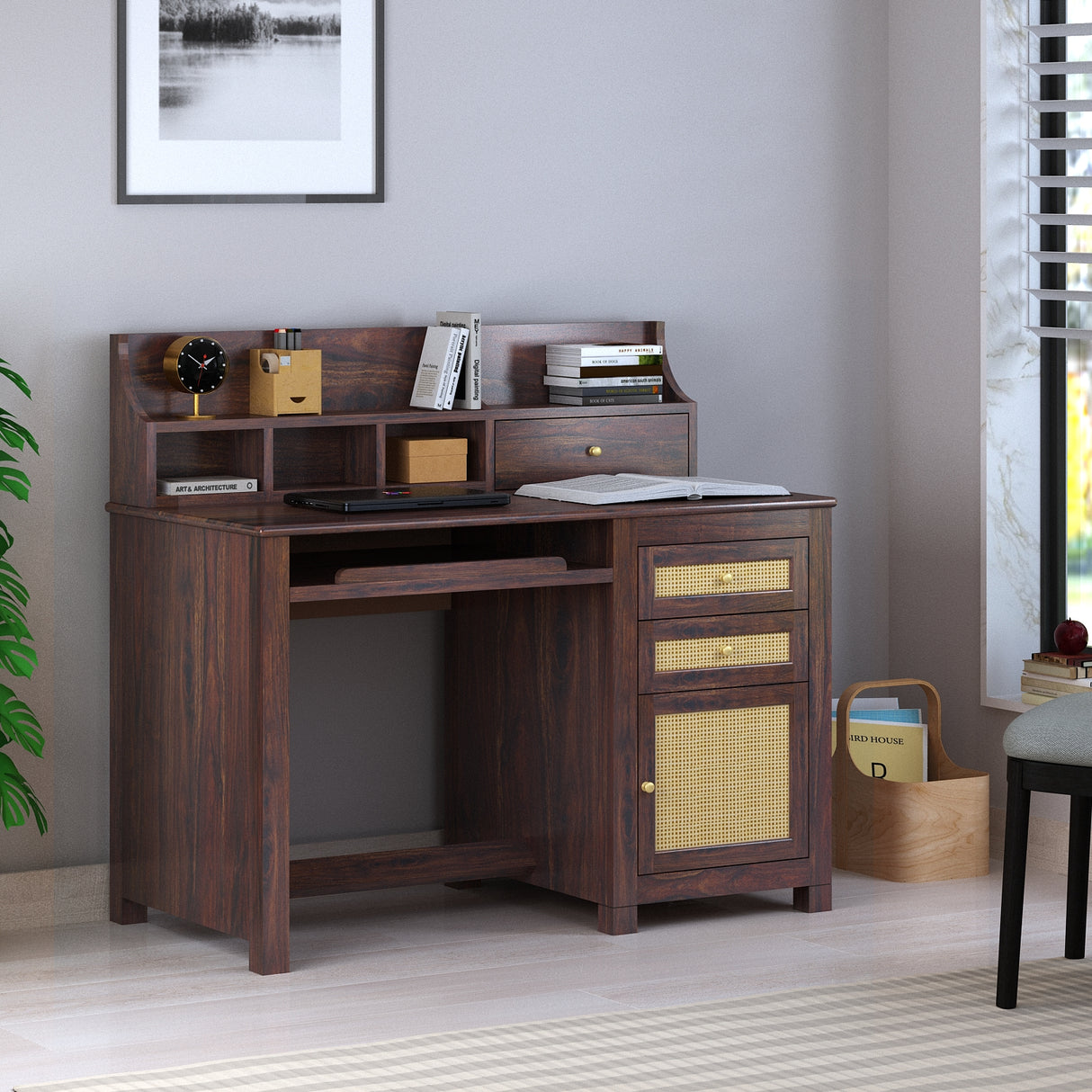 Maharaja Solid Sheesham Wood Study Table With Storage and Rattan Detailing - 3 Years Warranty
