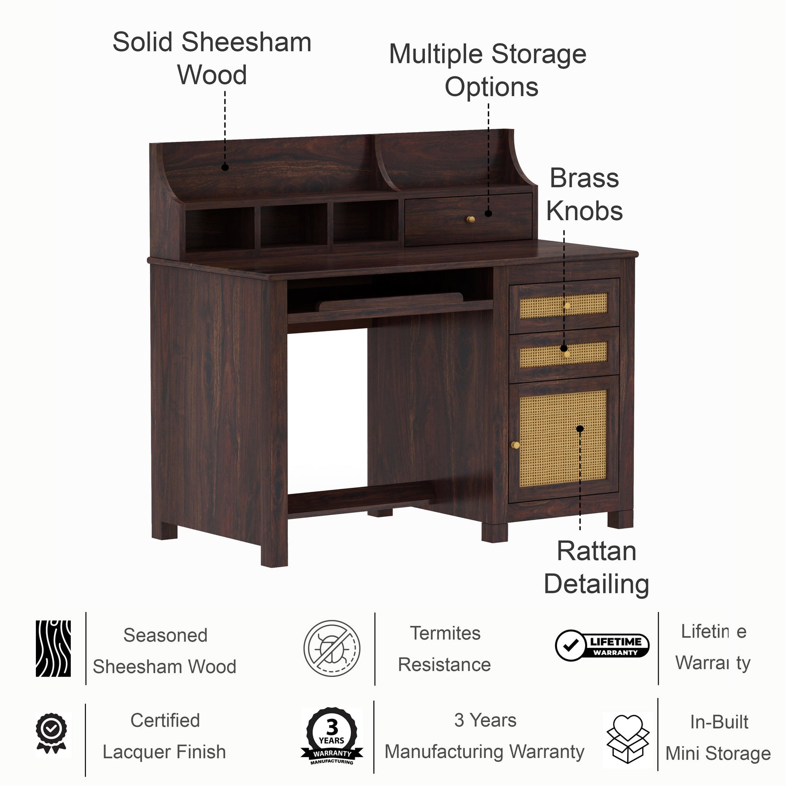 Maharaja Solid Sheesham Wood Study Table With Storage and Rattan Detailing - 3 Years Warranty features