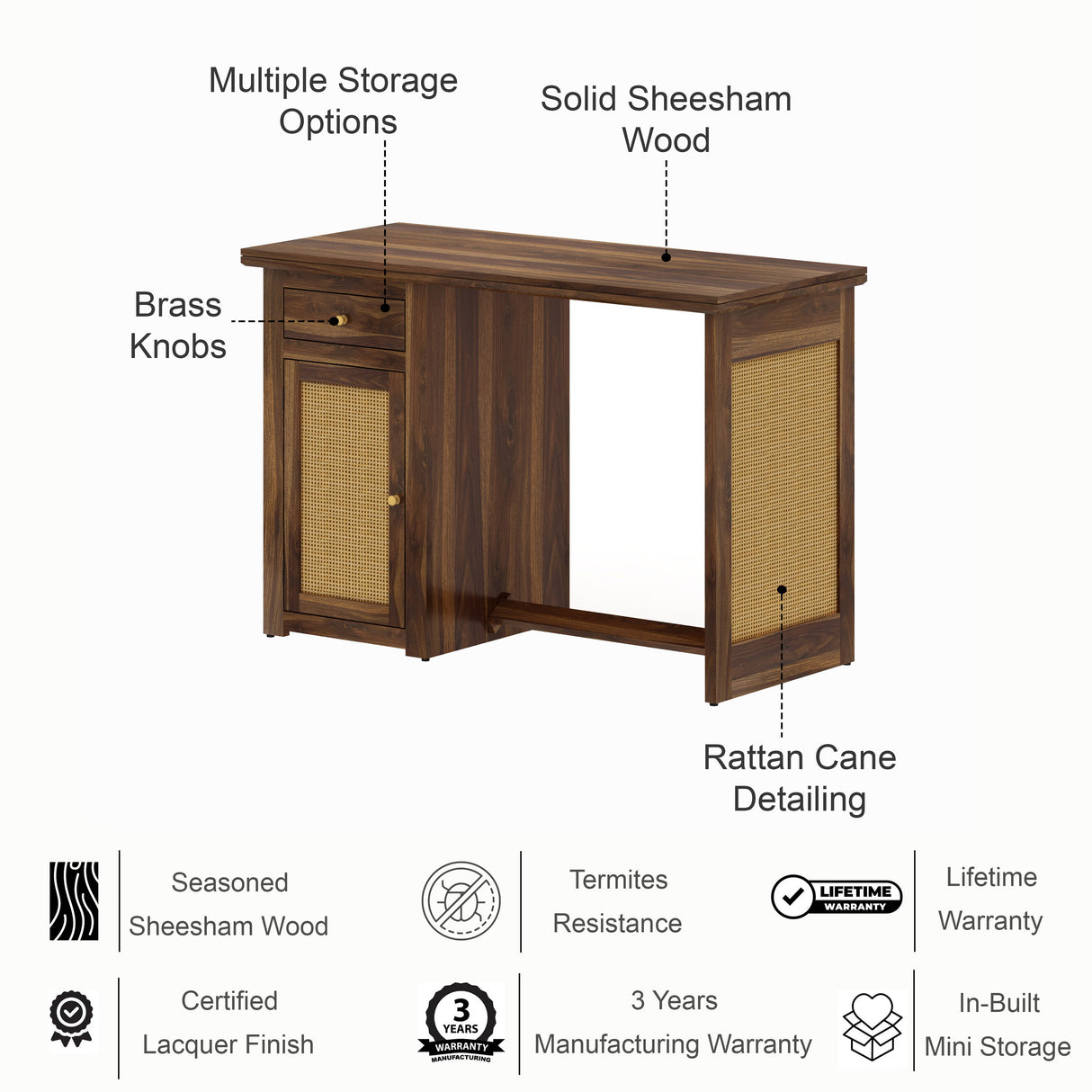 Syrus Solid Sheesham Wood Study Table With Storage and Rattan Detailing(BIG) - 3 Years Warranty