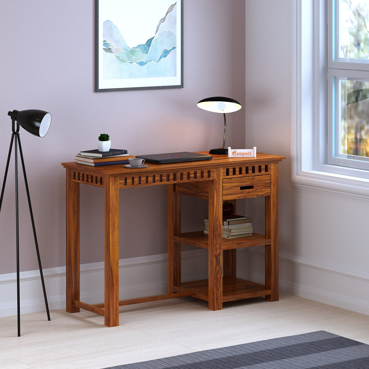 Armania Solid Sheesham Wood Study Table With Open Shelf Storage - 3 Years Warranty