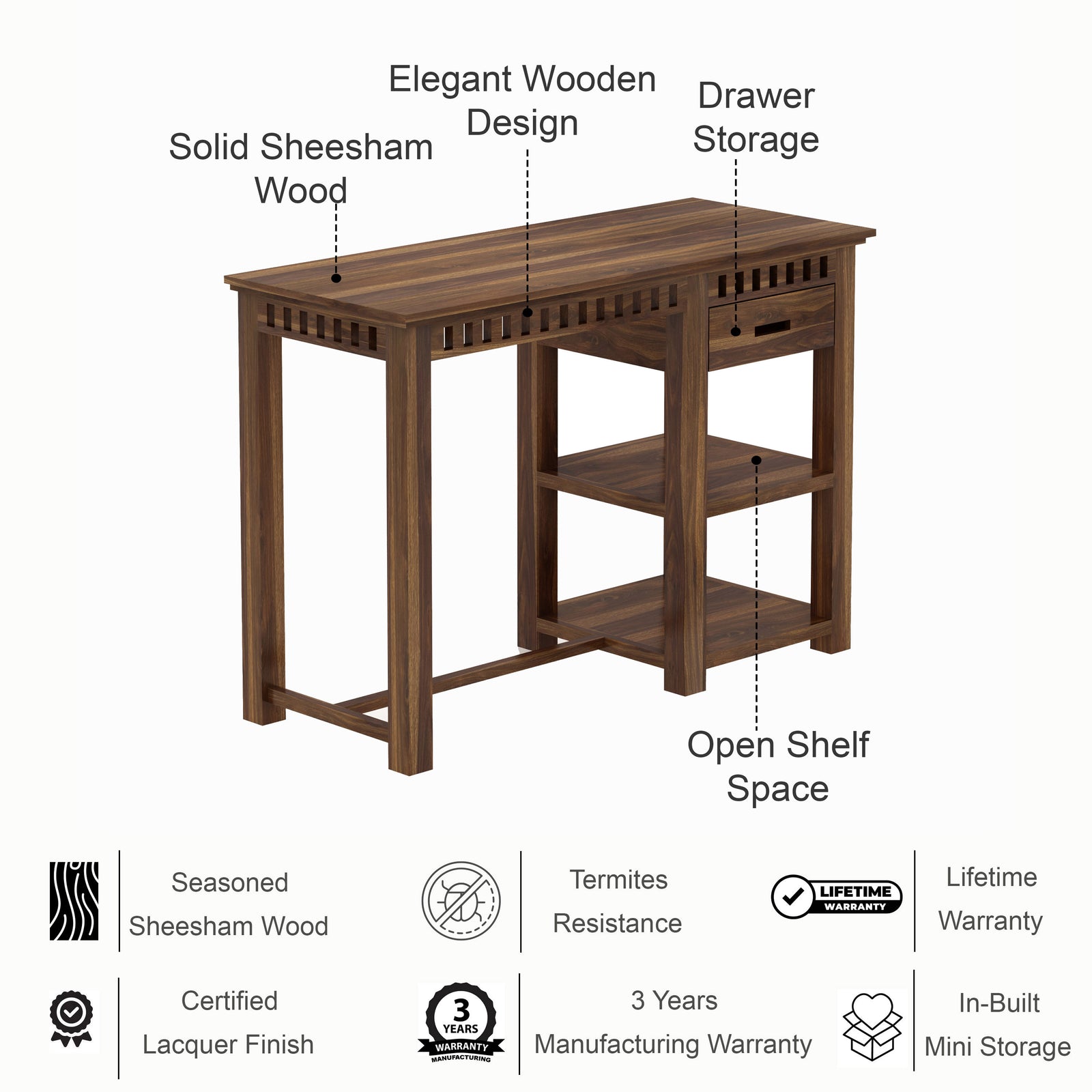 Armania Solid Sheesham Wood Study Table With Open Shelf Storage - 3 Years Warranty features