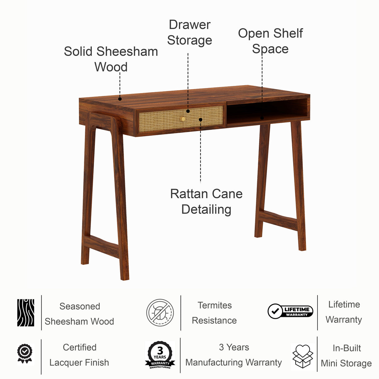 Syrus Solid Sheesham Wood Study Table - 3 Years Warranty
