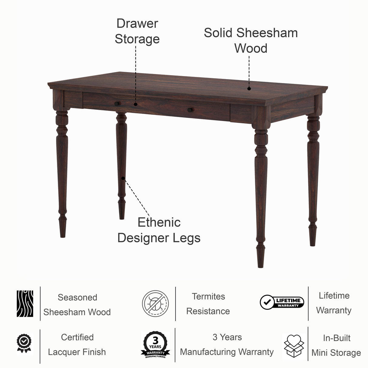 Pillar Solid Sheesham Wood Study Table - 3 Years Warranty