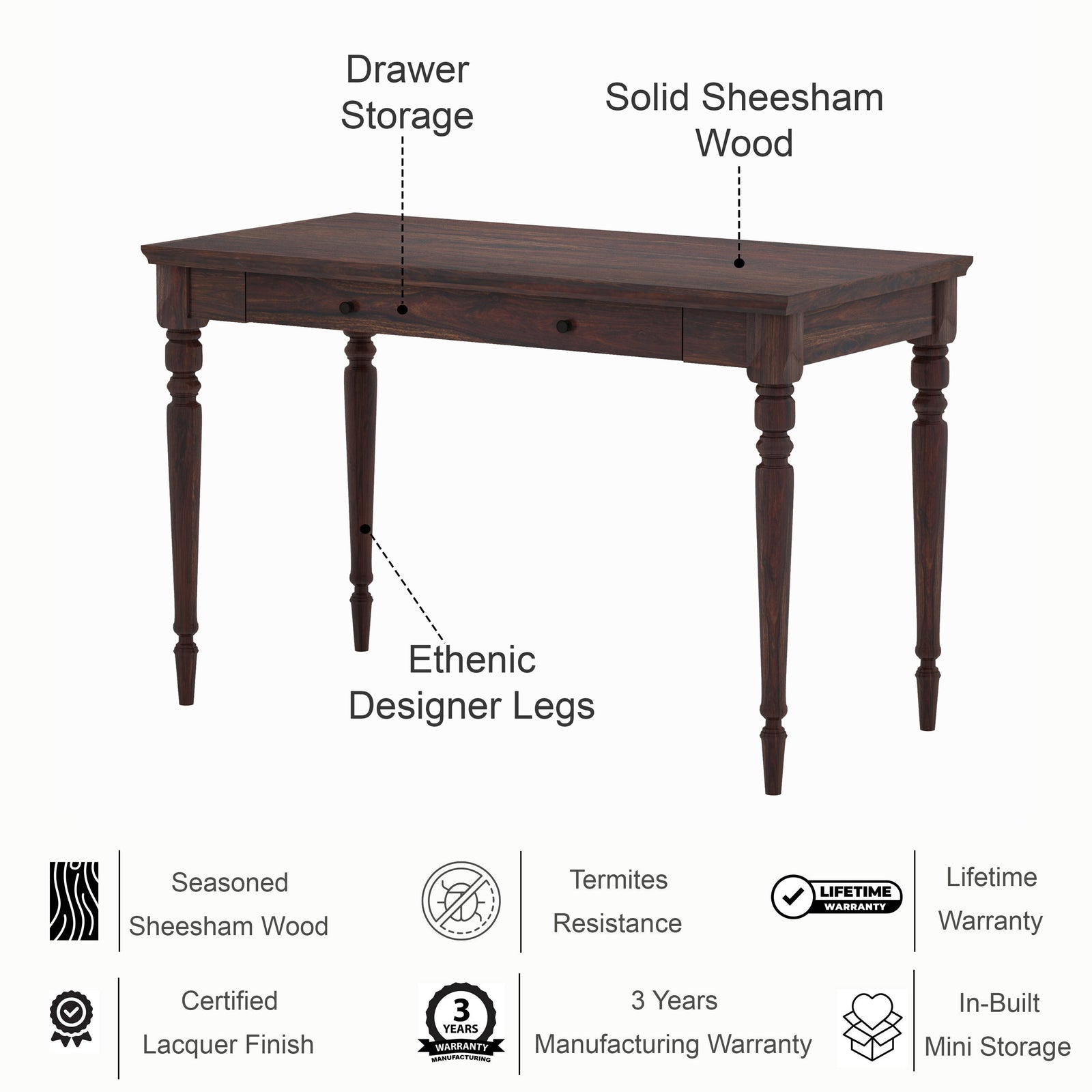 Pillar Solid Sheesham Wood Study Table - 3 Years Warranty features