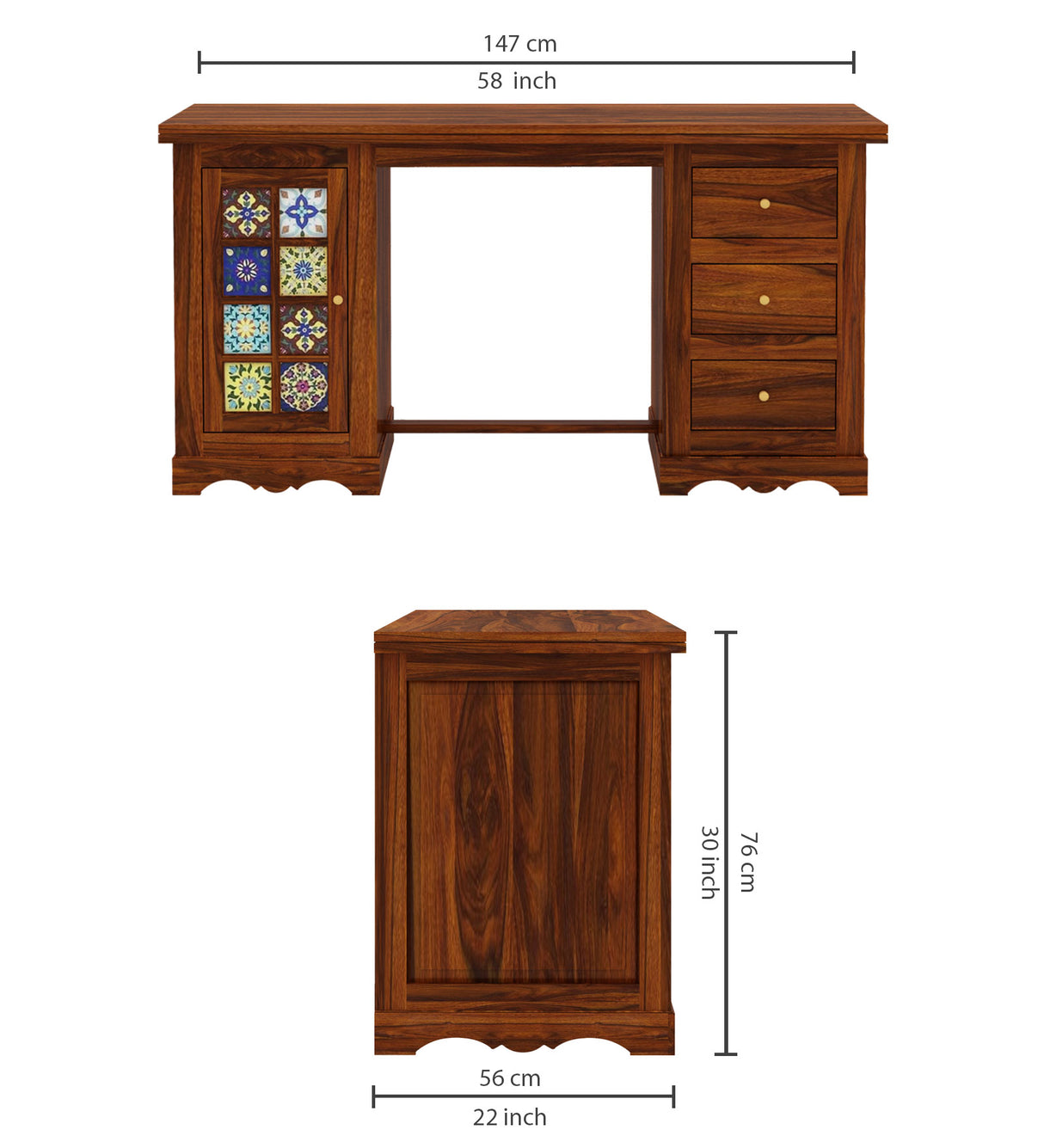 Udaipur Solid Sheesham Wood Study Table With Tiles Detailing - 3 Years Warranty