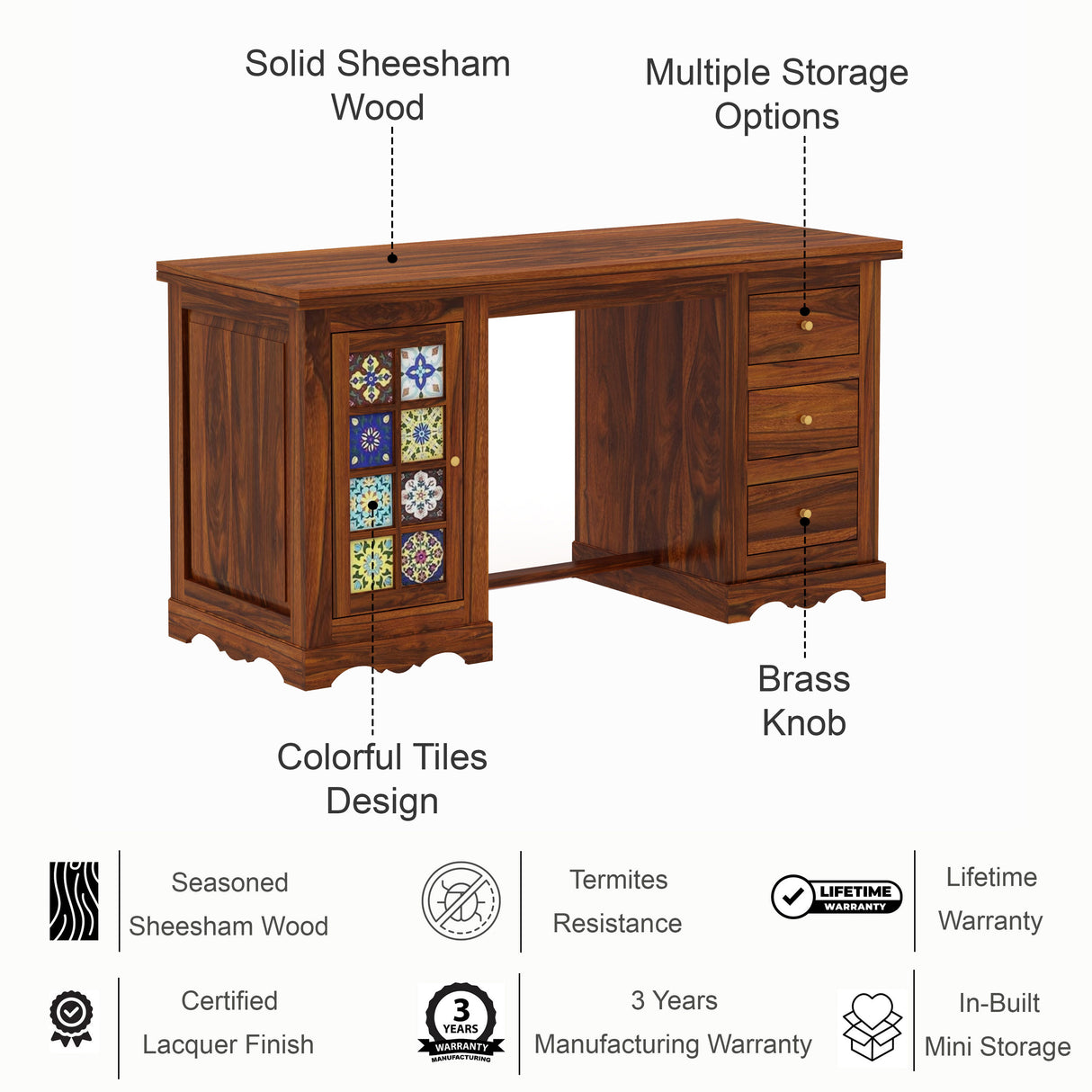 Udaipur Solid Sheesham Wood Study Table With Tiles Detailing - 3 Years ...
