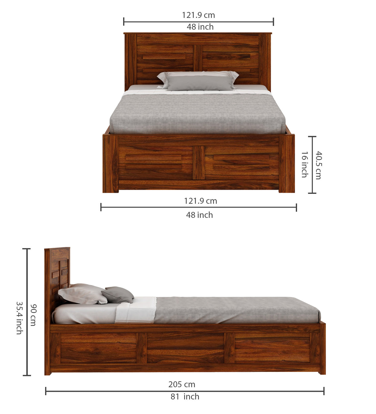 Swiss Solid Sheesham Wood 4 Feet Bed With Box Storage - 3 Years Warranty