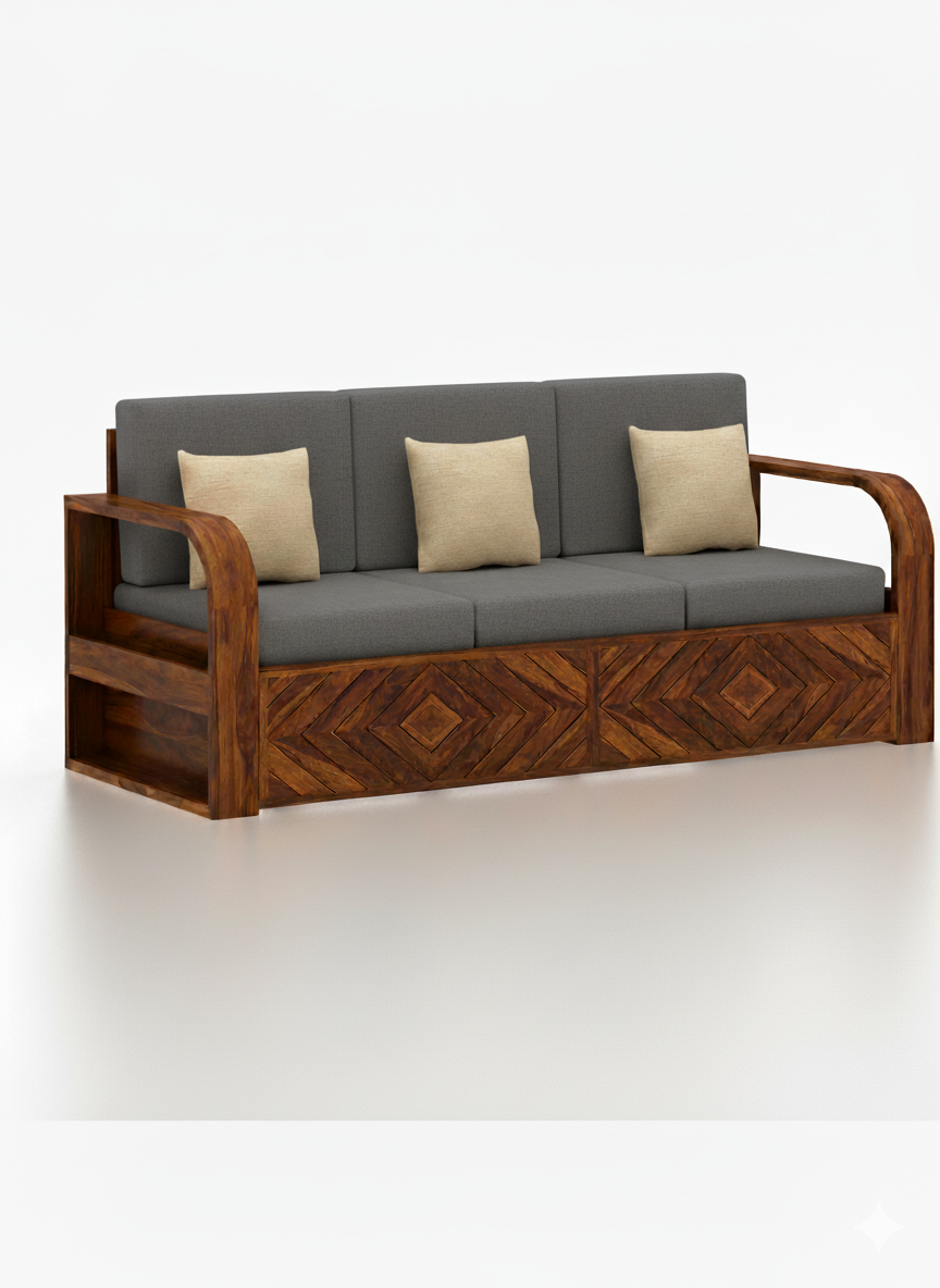 Wave Solid Sheesham Wood 3 Seater Sofa With Side Pockets - 3 Years Warranty