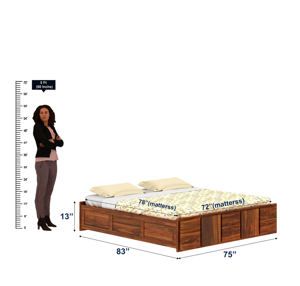 Scott Solid Sheesham Wood Bed With Box Storage Without Headboard - 1 Year Warranty