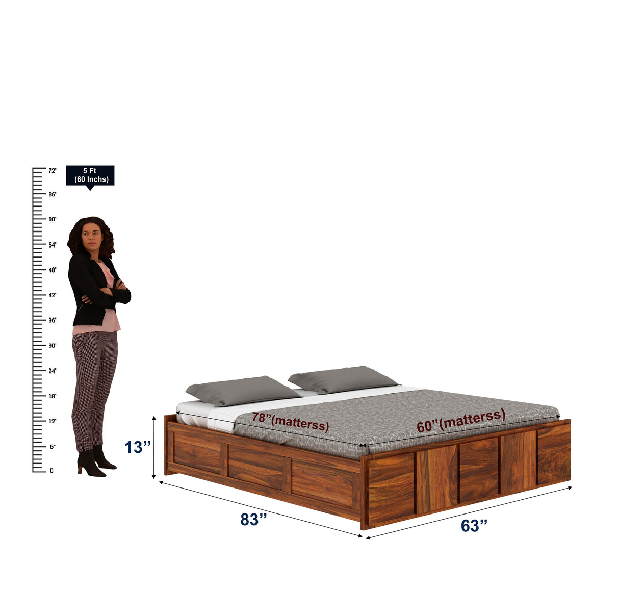 Scott Solid Sheesham Wood Bed With Hydraulic Storage Without Headboard - 1 Year Warranty