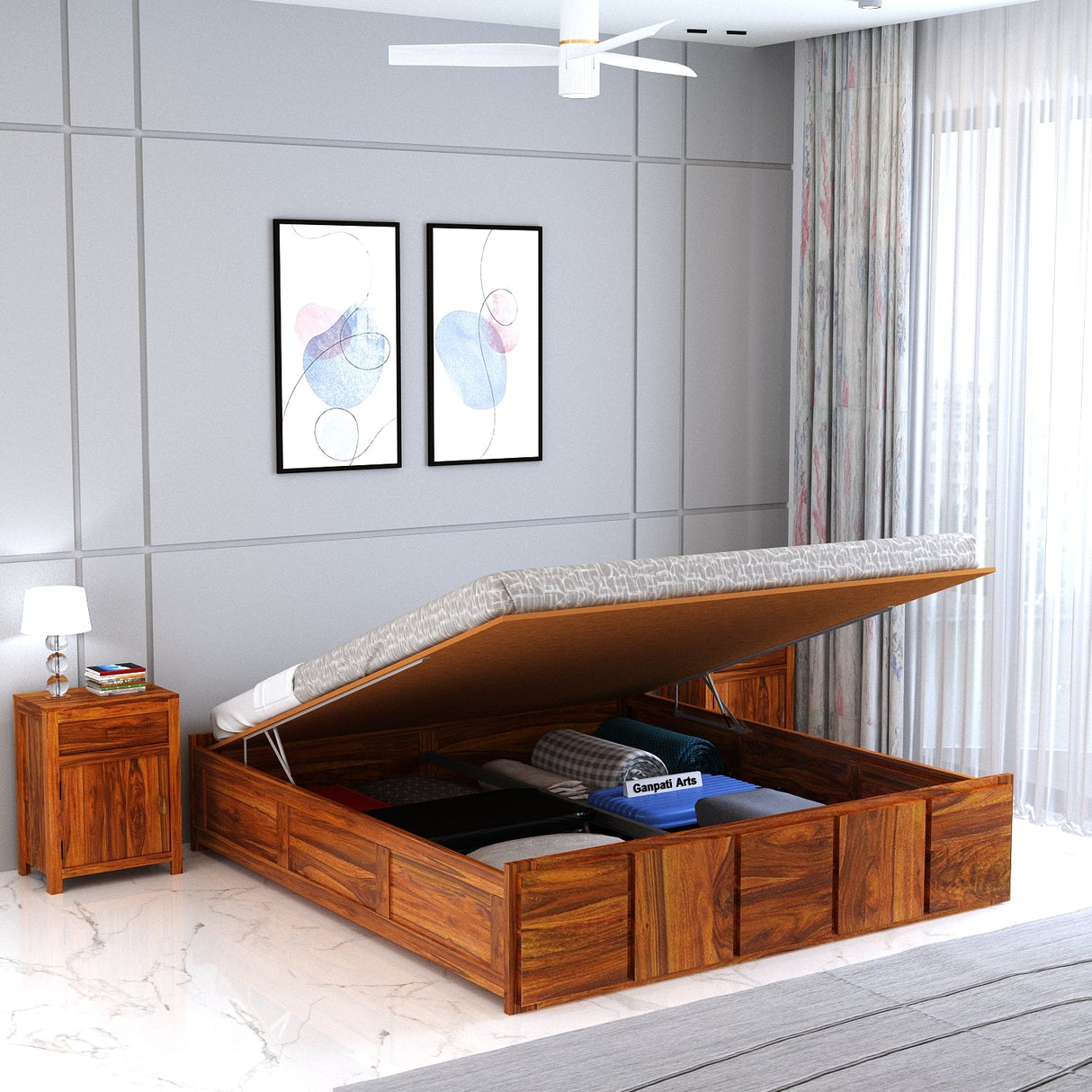 Scott Solid Sheesham Wood Bed With Hydraulic Storage Without Headboard - 3years Warranty