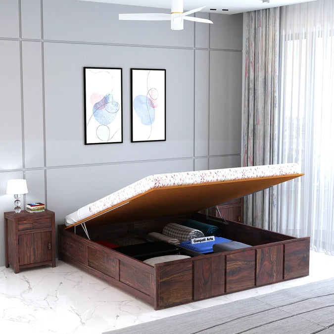 Scott Solid Sheesham Wood Bed With Hydraulic Storage Without Headboard - 3 years Warranty features