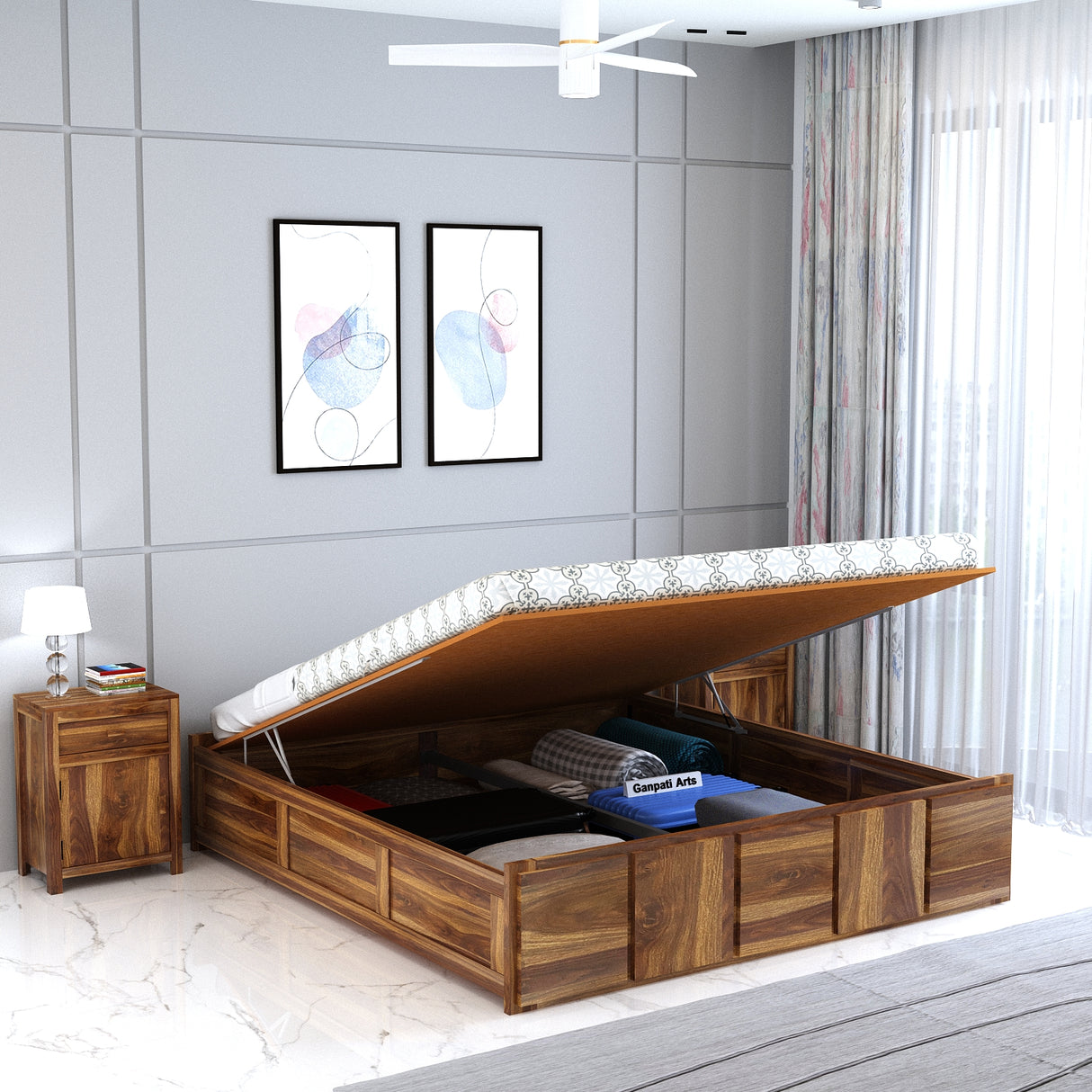 Scott Solid Sheesham Wood Bed With Hydraulic Storage Without Headboard - 3 years Warranty