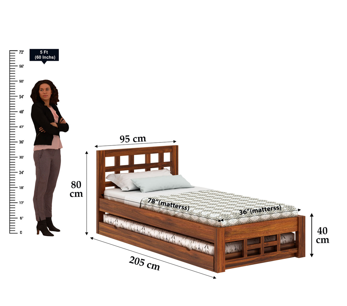 Simons Solid Sheesham Wood Single Trundle Bed - 3 Years Warranty