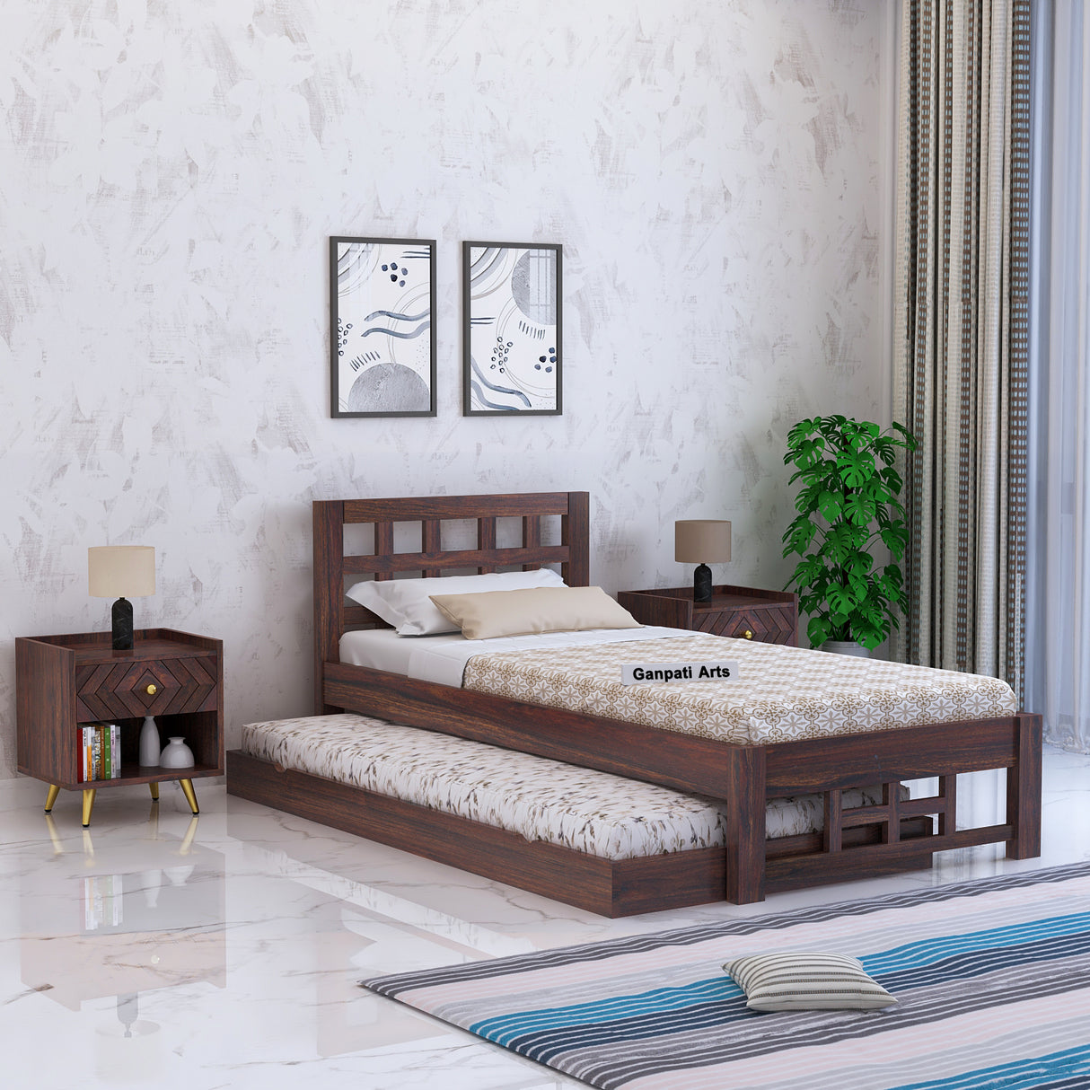 Simons Solid Sheesham Wood Single Trundle Bed - 3 Years Warranty