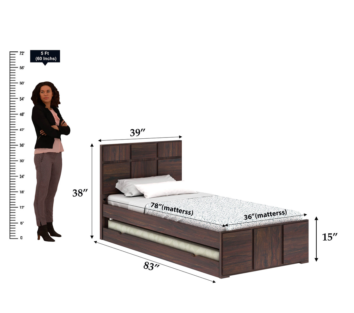 Scott Solid Sheesham Wood Single Trundle Bed Without Storage - 3 years Warranty