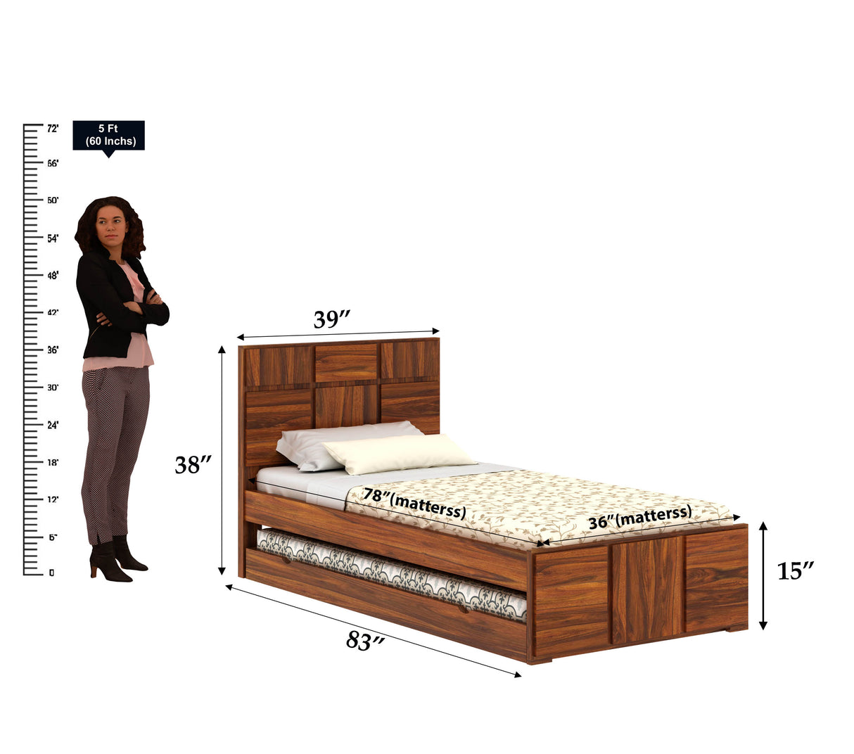 Scott Solid Sheesham Wood Single Trundle Bed Without Storage - 1 Year Warranty