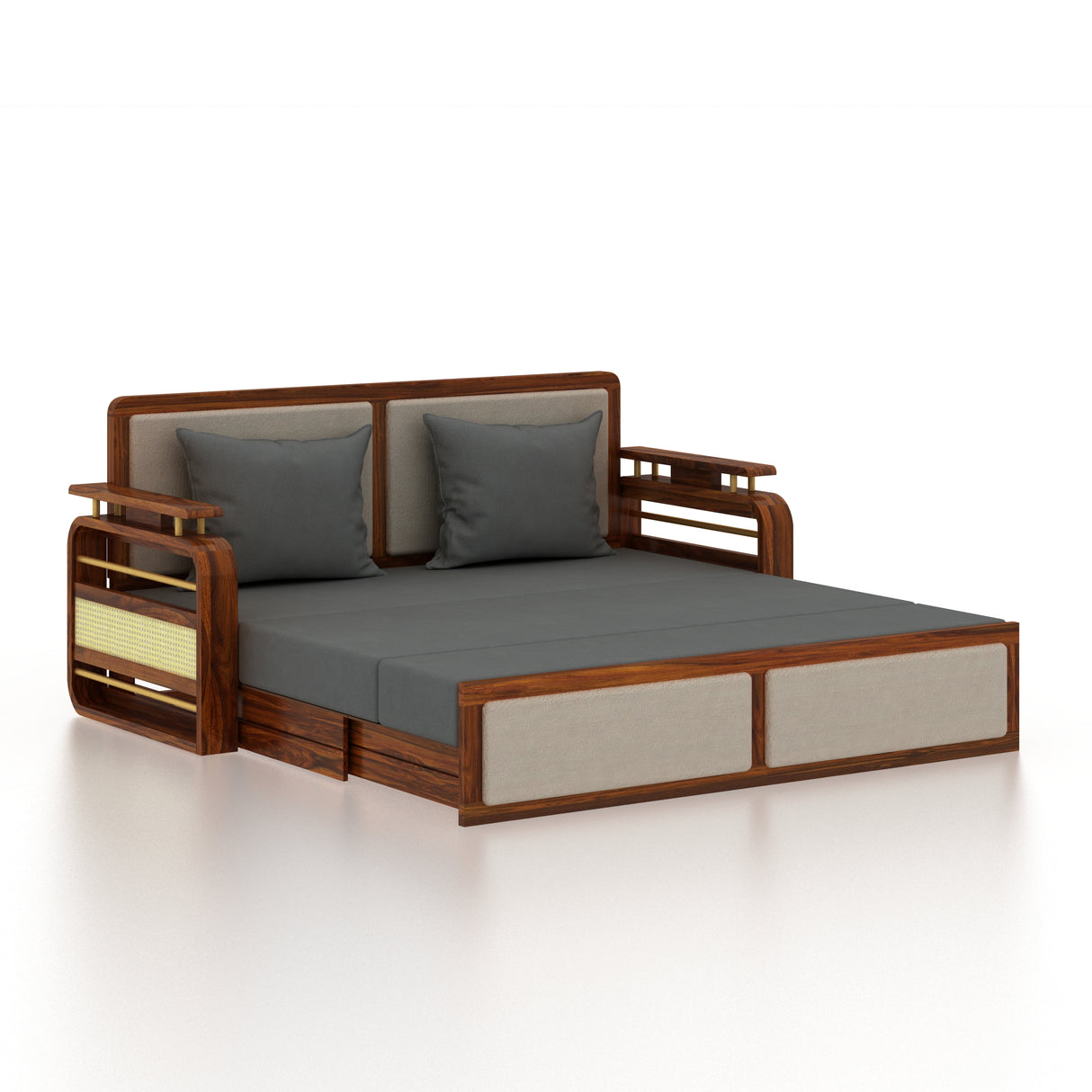 EDIN Solid Sheesham Wood 3 Seater Sofa Cum Bed With Upholstered Headboard and Brass Detailing - 3 Years Warranty