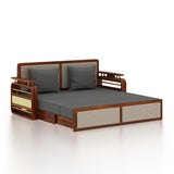 EDIN Solid Sheesham Wood 3 Seater Sofa Cum Bed With Upholstered Headboard and Brass Detailing - 3 Years Warranty
