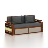 EDIN Solid Sheesham Wood 3 Seater Sofa Cum Bed With Upholstered Headboard and Brass Detailing - 3 Years Warranty