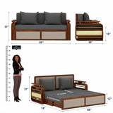 EDIN Solid Sheesham Wood 3 Seater Sofa Cum Bed With Upholstered Headboard and Brass Detailing - 3 Years Warranty