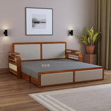 EDIN Solid Sheesham Wood 3 Seater Sofa Cum Bed With Upholstered Headboard and Brass Detailing - 3 Years Warranty