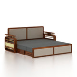 EDIN Solid Sheesham Wood 3 Seater Sofa Cum Bed With Upholstered Headboard and Brass Detailing - 3 Years Warranty