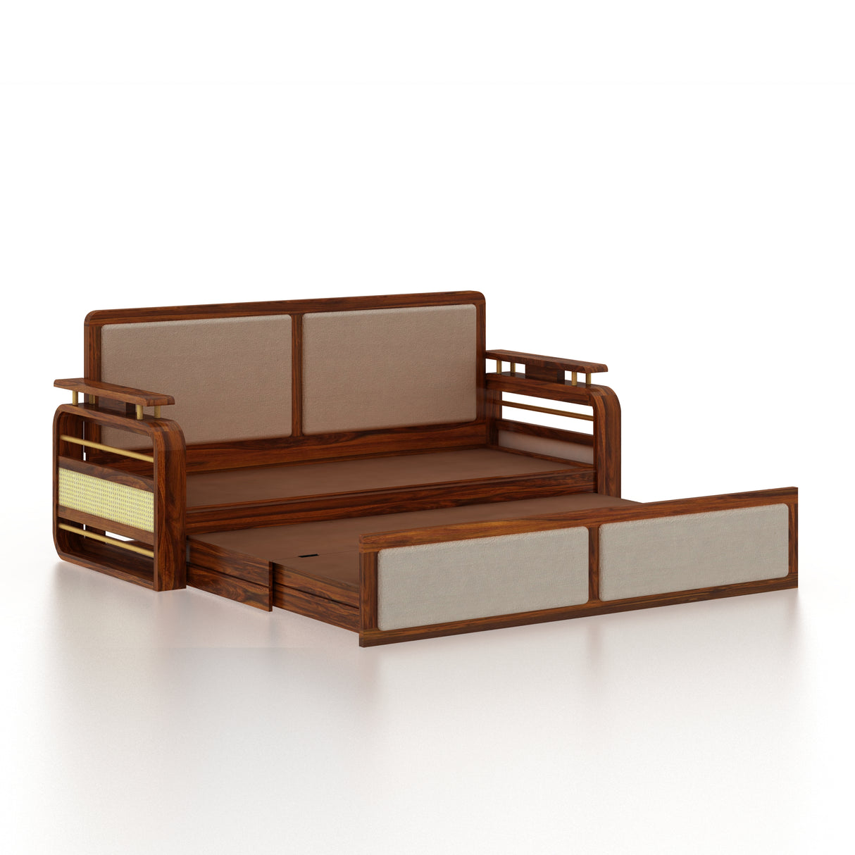 EDIN Solid Sheesham Wood 3 Seater Sofa Cum Bed With Upholstered Headboard and Brass Detailing - 3 Years Warranty