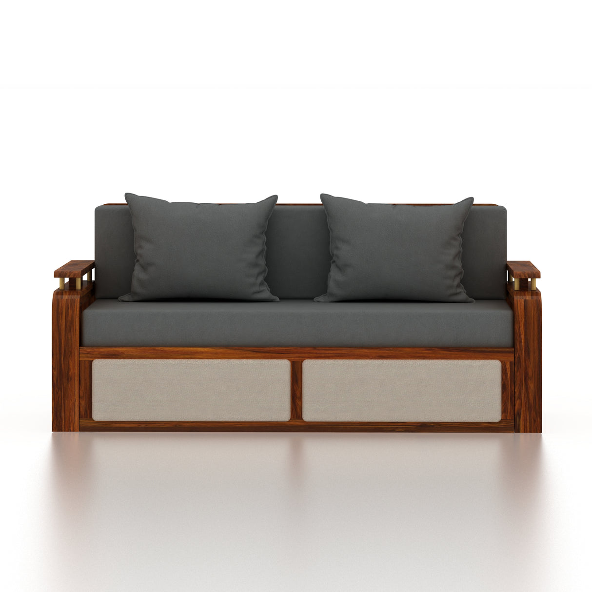 EDIN Solid Sheesham Wood 3 Seater Sofa Cum Bed With Upholstered Headboard and Brass Detailing - 3 Years Warranty