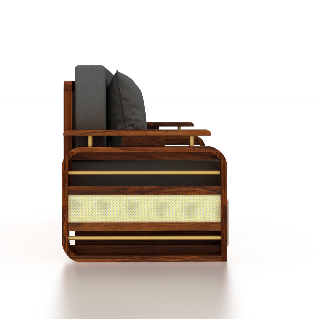 EDIN Solid Sheesham Wood 3 Seater Sofa Cum Bed With Upholstered Headboard and Brass Detailing - 3 Years Warranty