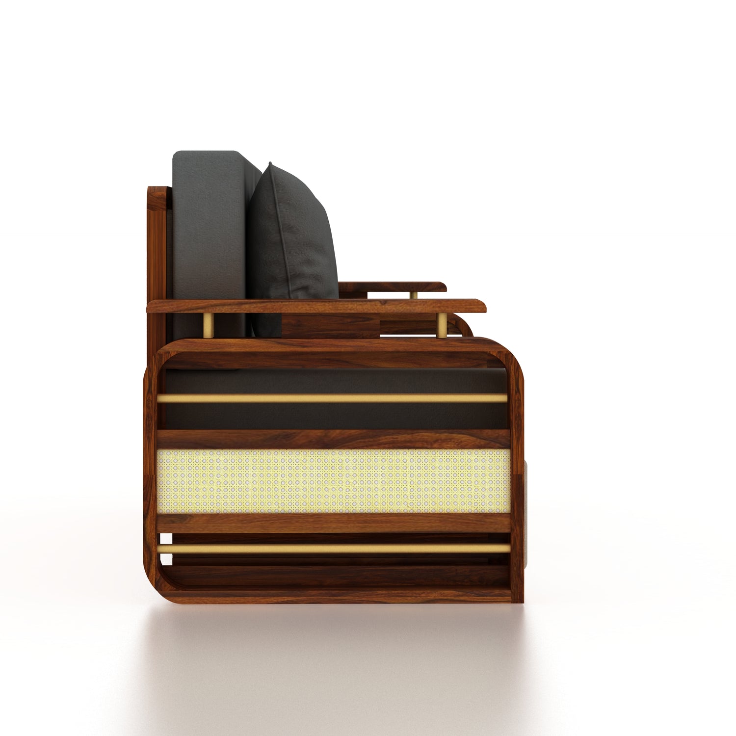 EDIN Solid Sheesham Wood 3 Seater Sofa Cum Bed With Upholstered Headboard and Brass Detailing - 3 Years Warranty