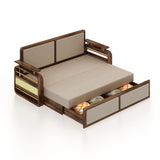 EDIN Solid Sheesham Wood 3 Seater Sofa Cum Bed With Upholstered Headboard and Brass Detailing - 3 Years Warranty