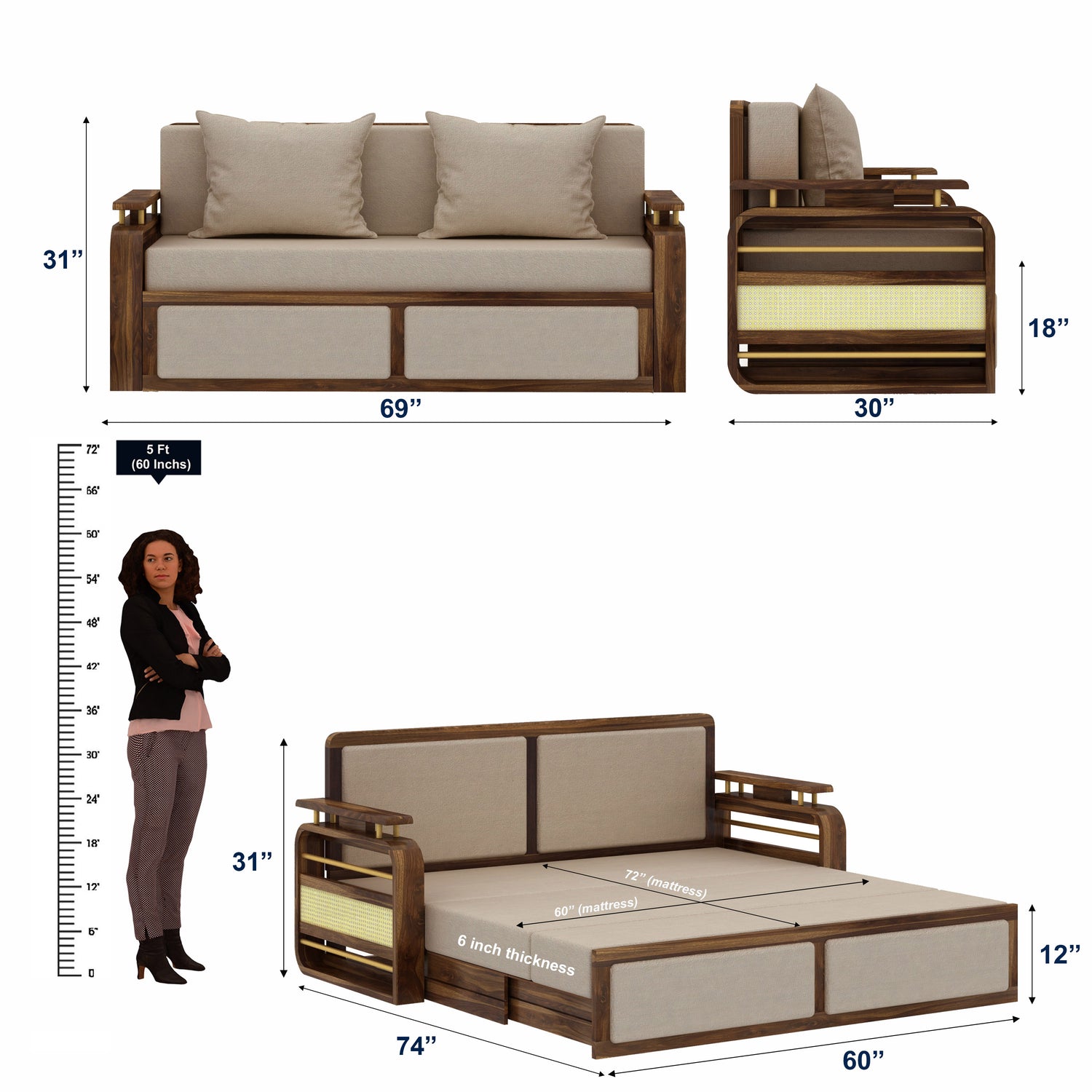 EDIN Solid Sheesham Wood 3 Seater Sofa Cum Bed With Upholstered Headboard and Brass Detailing - 3 Years Warranty