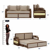 EDIN Solid Sheesham Wood 3 Seater Sofa Cum Bed With Upholstered Headboard and Brass Detailing - 3 Years Warranty
