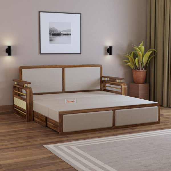 EDIN Solid Sheesham Wood 3 Seater Sofa Cum Bed With Upholstered Headboard and Brass Detailing - 3 Years Warranty