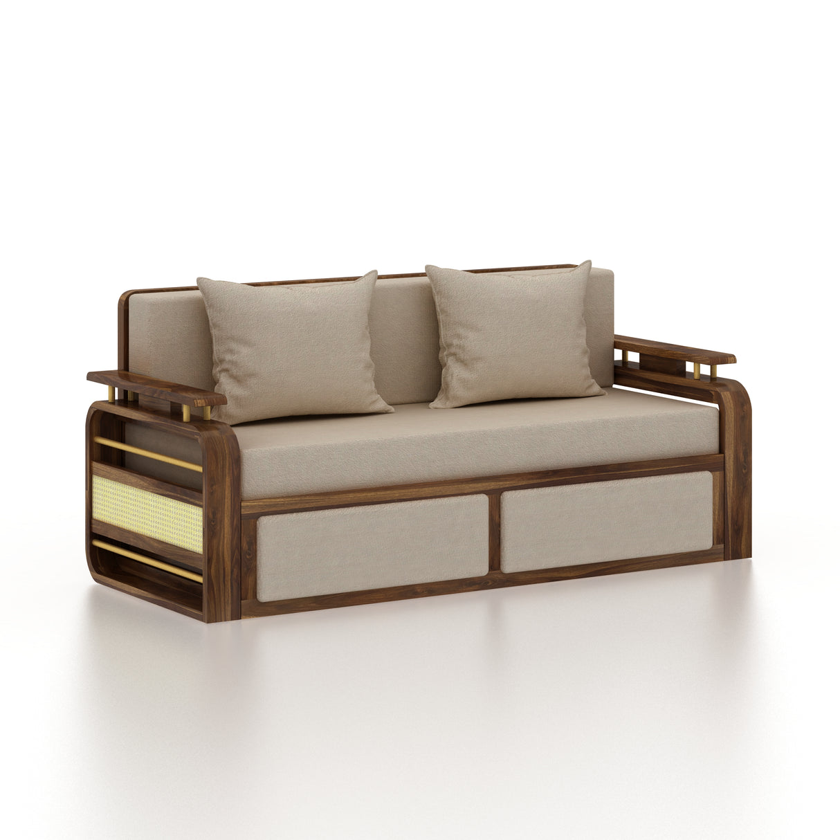 EDIN Solid Sheesham Wood 3 Seater Sofa Cum Bed With Upholstered Headboard and Brass Detailing - 3 Years Warranty