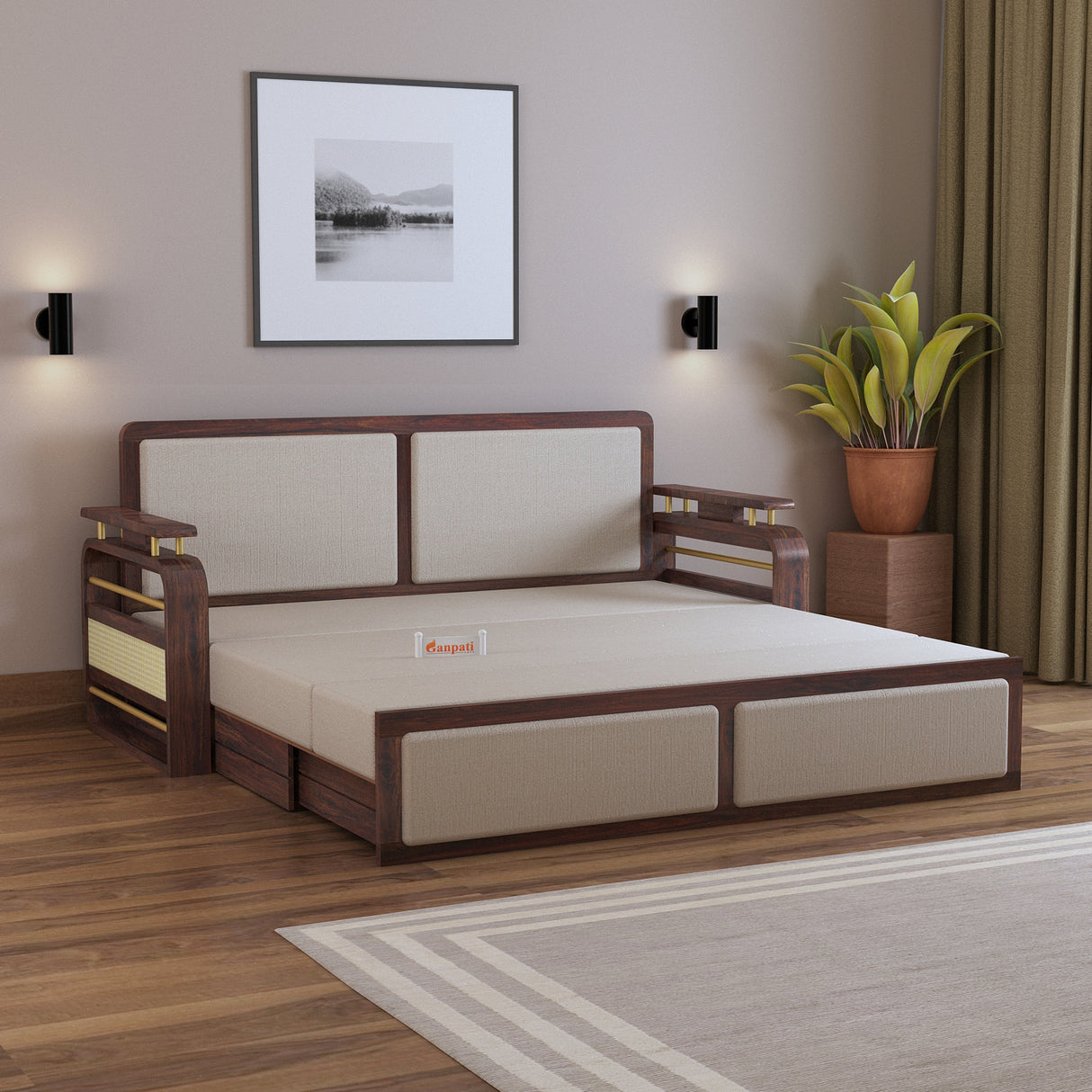 EDIN Solid Sheesham Wood 3 Seater Sofa Cum Bed With Upholstered Headboard and Brass Detailing - 3 Years Warranty