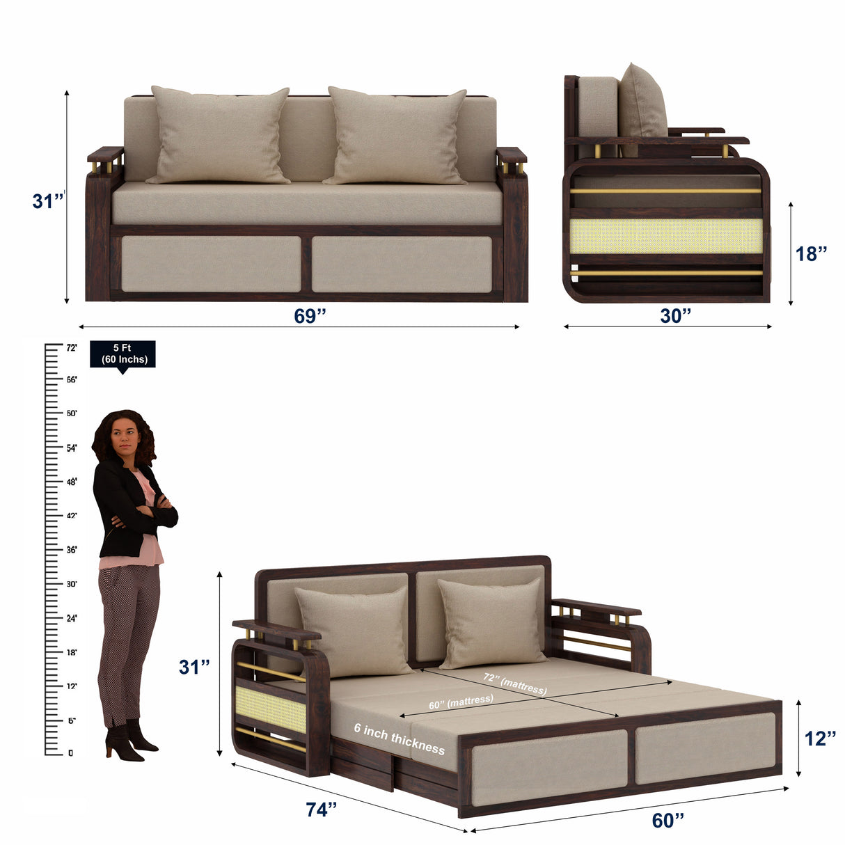EDIN Solid Sheesham Wood 3 Seater Sofa Cum Bed With Upholstered Headboard and Brass Detailing - 3 Years Warranty
