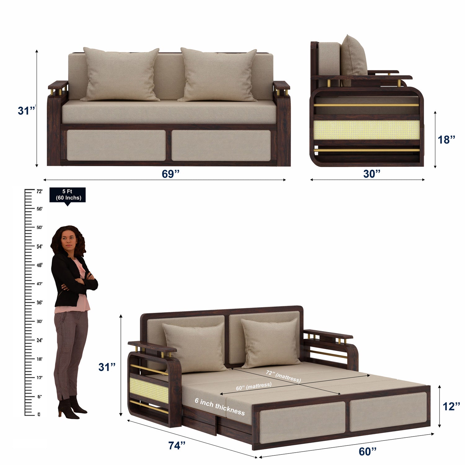 EDIN Solid Sheesham Wood 3 Seater Sofa Cum Bed With Upholstered Headboard and Brass Detailing - 3 Years Warranty