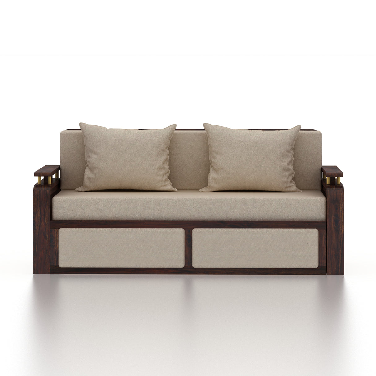 EDIN Solid Sheesham Wood 3 Seater Sofa Cum Bed With Upholstered Headboard and Brass Detailing - 3 Years Warranty