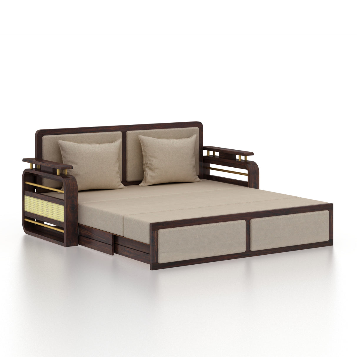 EDIN Solid Sheesham Wood 3 Seater Sofa Cum Bed With Upholstered Headboard and Brass Detailing - 3 Years Warranty