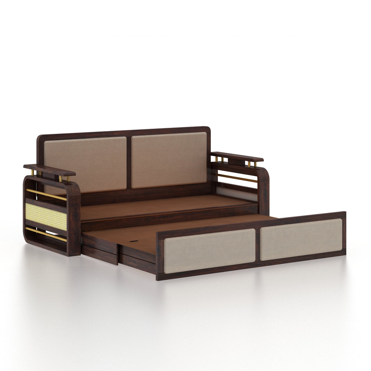 EDIN Solid Sheesham Wood 3 Seater Sofa Cum Bed With Upholstered Headboard and Brass Detailing - 3 Years Warranty