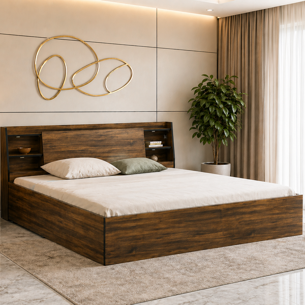 Vento Engineered Wood Bed with Box and Headboard Storage (Walnut) - 12 Months Warranty