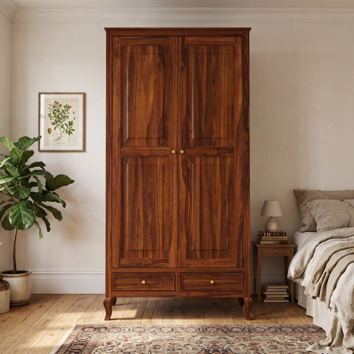 Jordan Solid Sheesham Wood Wardrobe With Two Doors and Two Drawer-3 years warranty