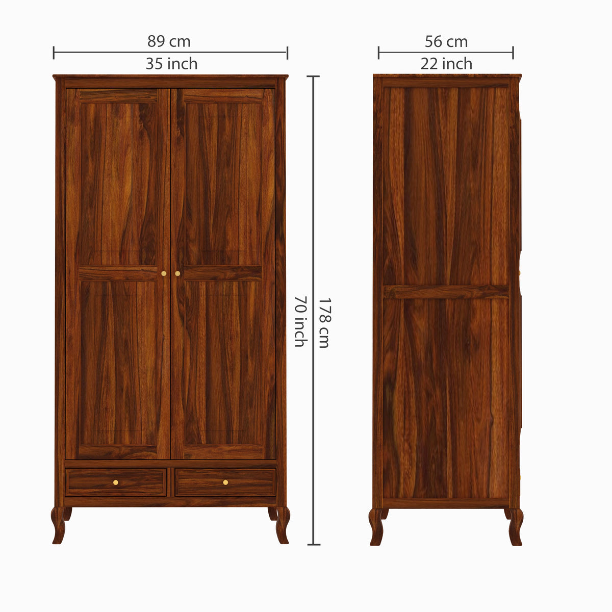 Jordan Solid Sheesham Wood Wardrobe With Two Doors and Two Drawer-3 years warranty