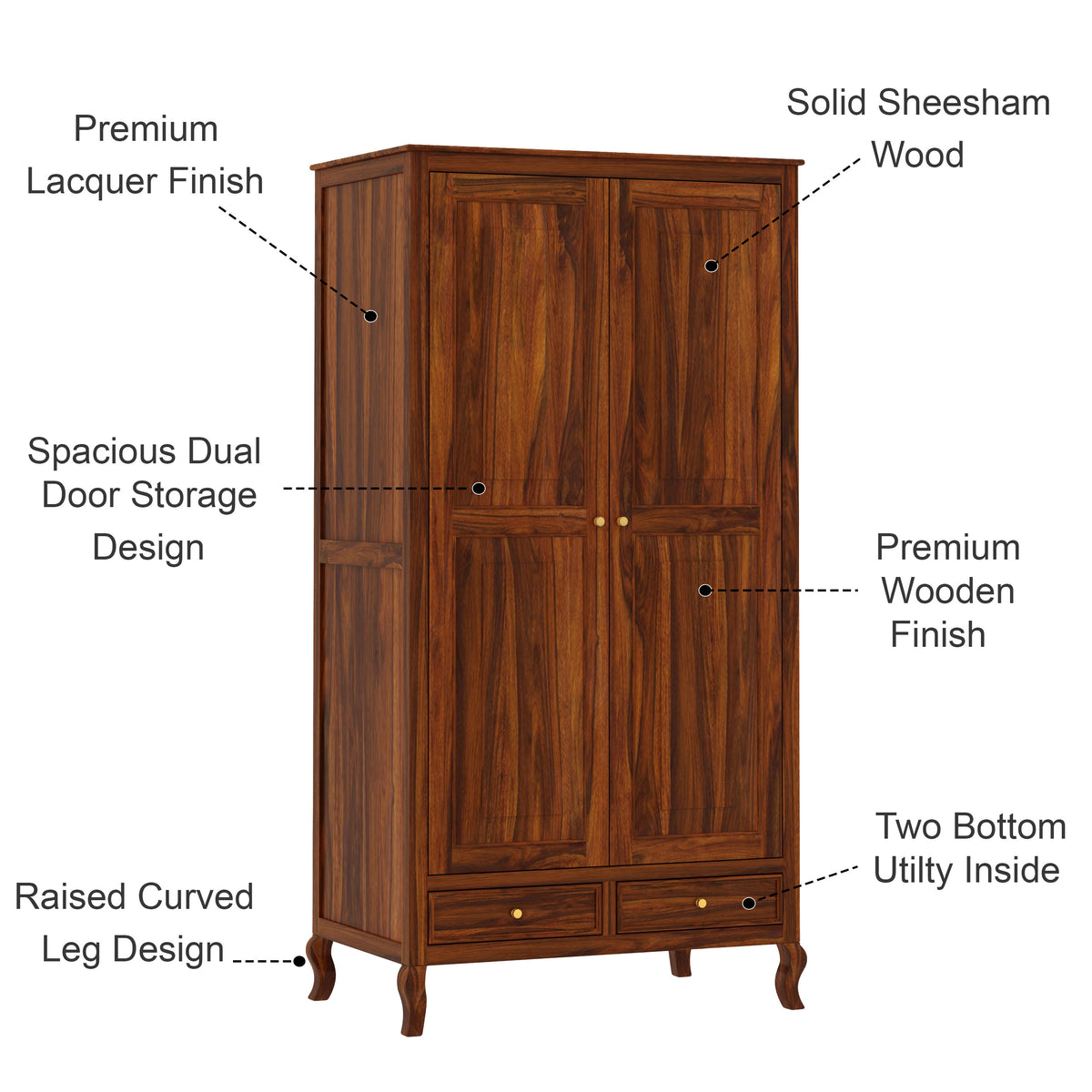 Jordan Solid Sheesham Wood Wardrobe With Two Doors and Two Drawer-3 years warranty