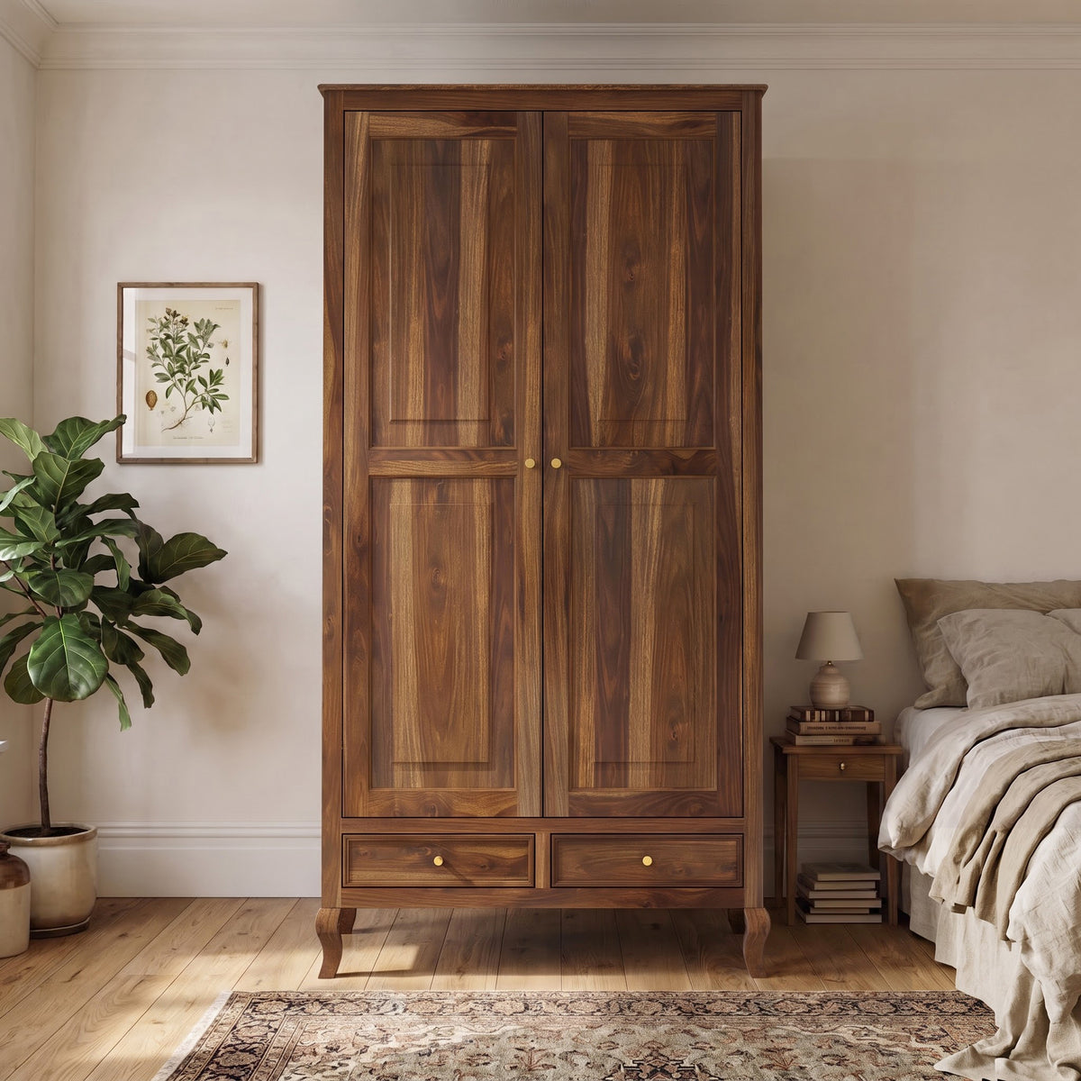 Jordan Solid Sheesham Wood Wardrobe With Two Doors and Two Drawer-3 years warranty